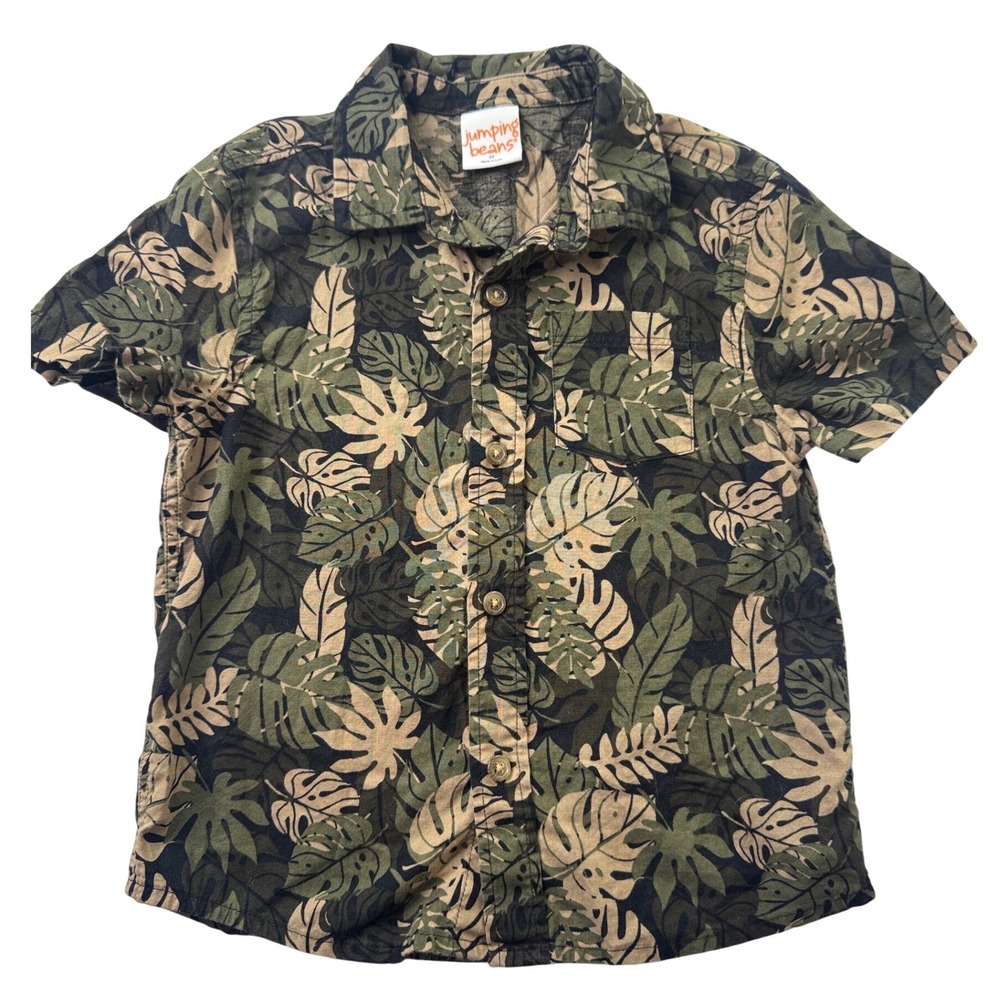 Jumping B Boys Tropical Monstera Leaf Button Down Shirt Green 3T vacation hawaii